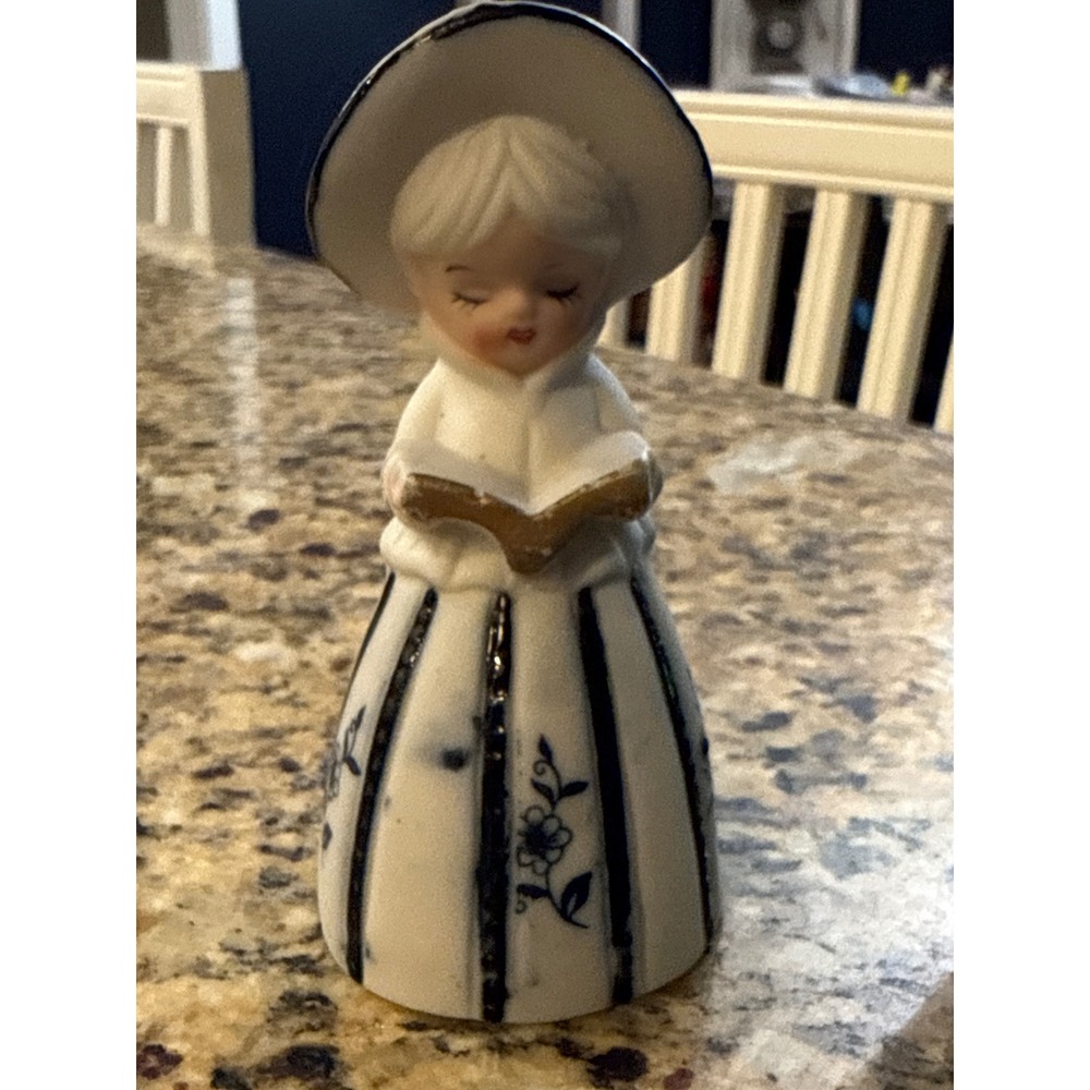 Vintage Jasco Bisque Porcelain Bell Girl Caroler Figurine Blue White 4 Inch
